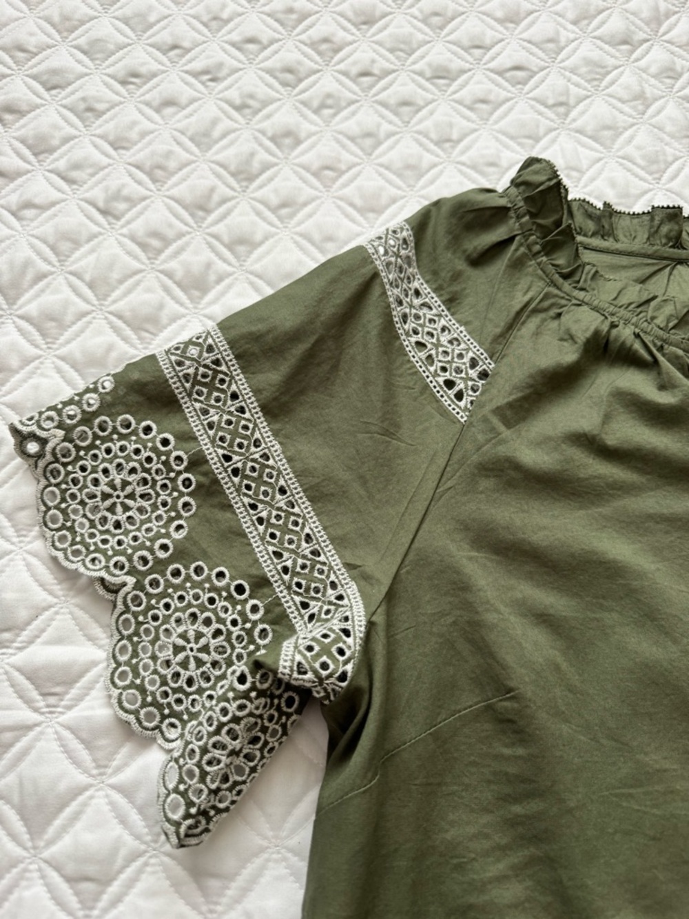 NWT Talbots Olive Green Embroidered Eyelet Sleeve Ruffle Neck Blouse Size Medium - Picture 13 of 15